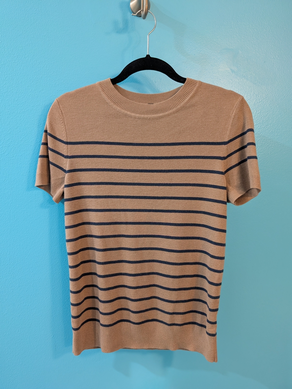 Classic Woman's s Short-Sleeve Stripe Crewneck Sweater - Tan & Navy